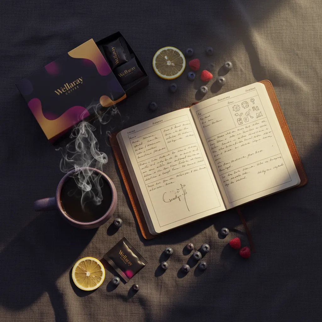 Flatlay mit Wellaray Coffee Sachet, Kaffeetasse, Tagebuch und Früchten - Lifestyle Morgenroutine